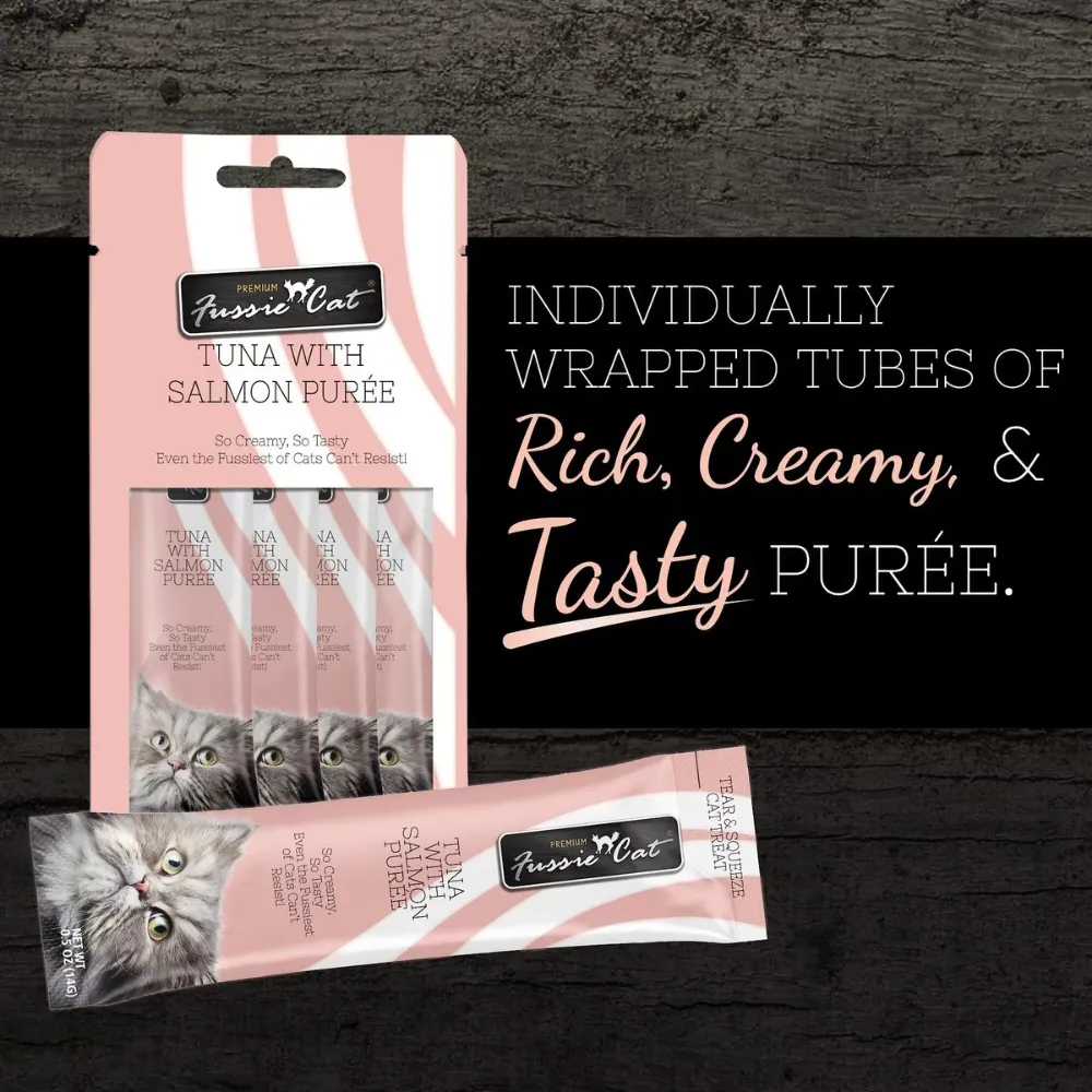 Fussie Cat Tuna with Salmon Puree Lickable Cat Treats, 0.5-oz pouch, pack of 4