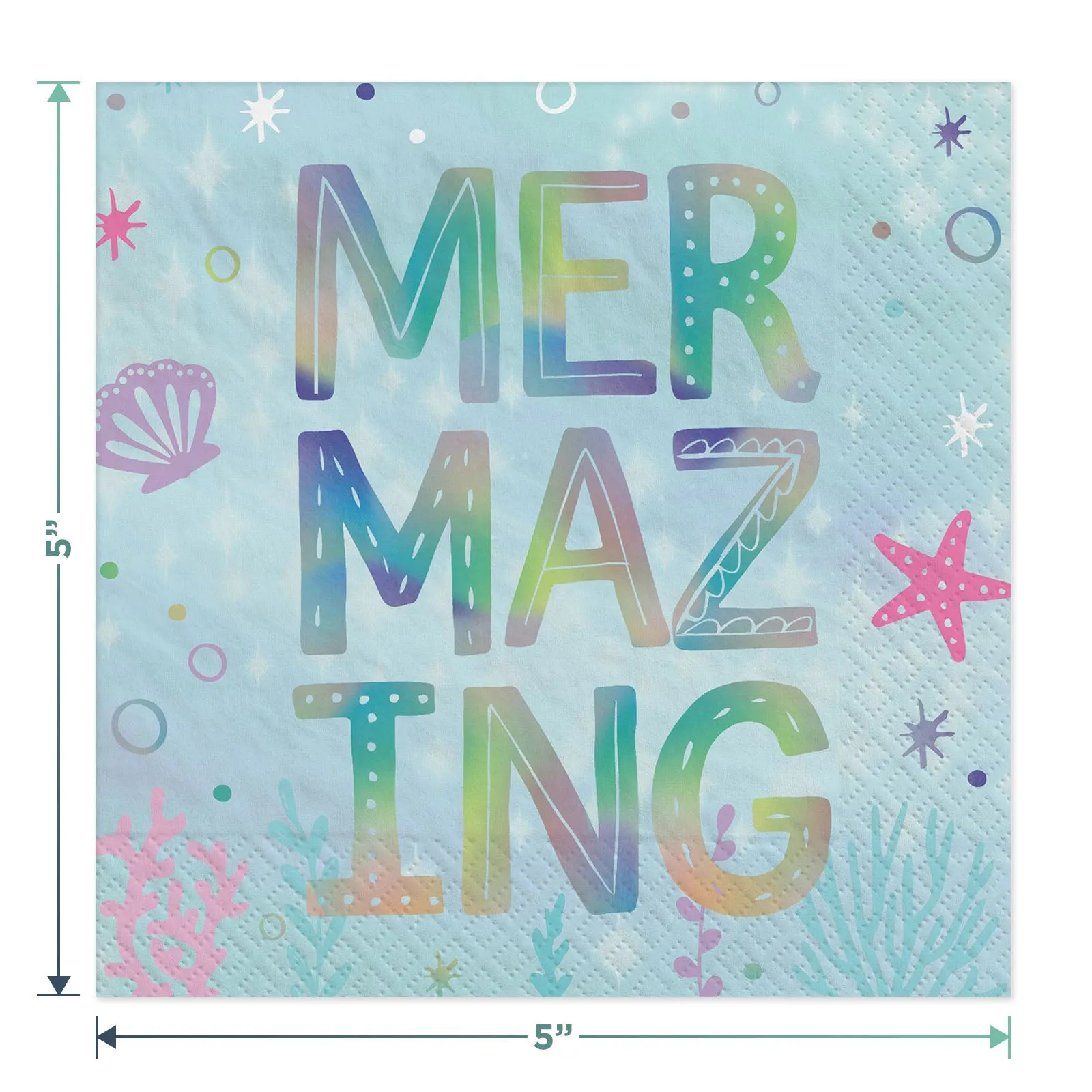 Mermaid Party Shell Shaped Iridescent Paper Plates and Metallic Beverage Napkins (Serves 16)