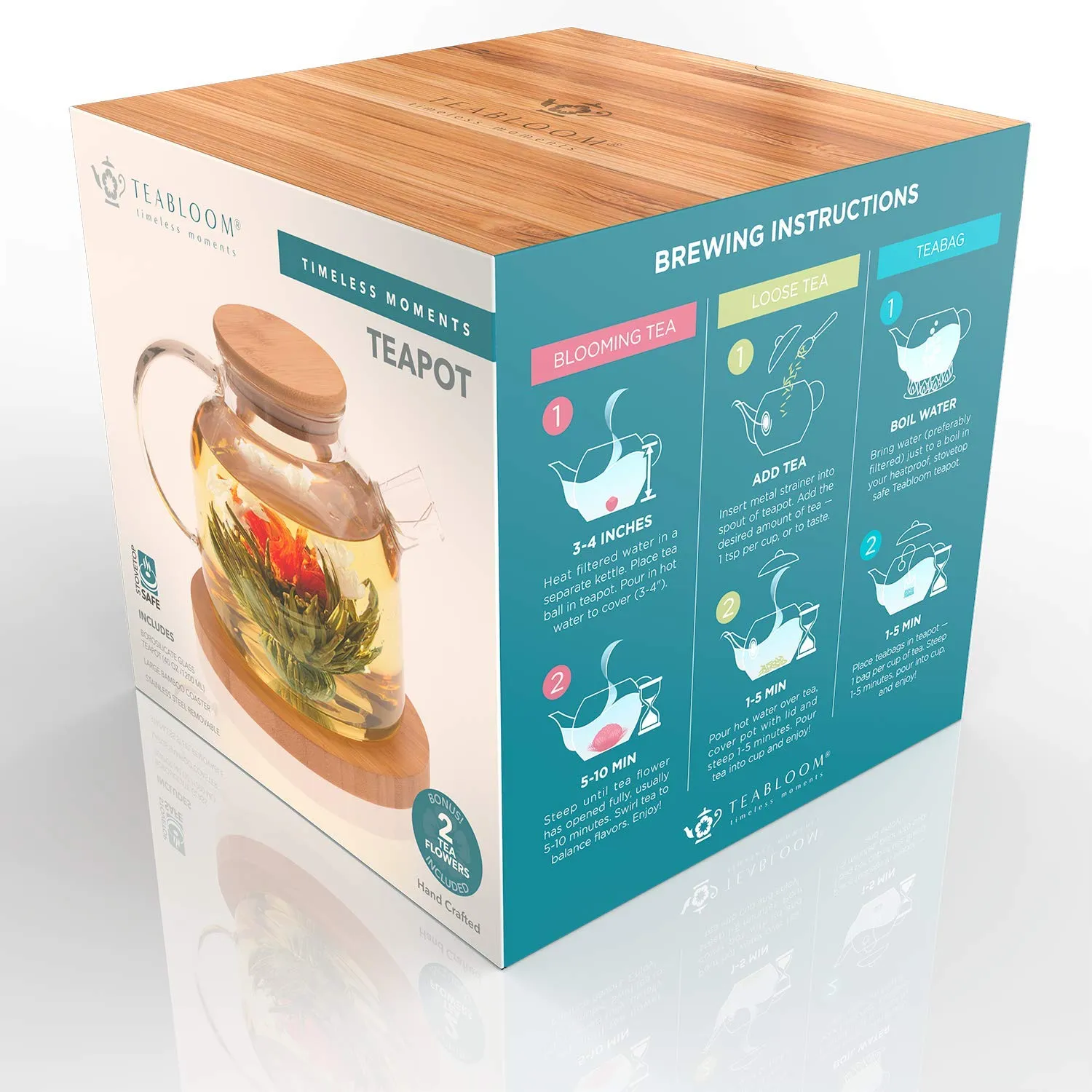 Teabloom Stovetop Safe Glass Teapot with Bamboo Lid (40oz/1200ml)   Loose Leaf Tea Filter Spout   2 Blooming Teas   Large Bamboo Trivet - Natural Flowering Tea Gift Set