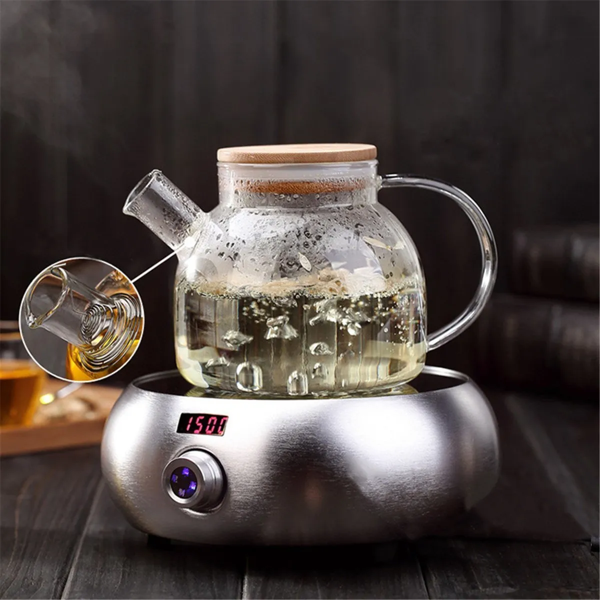 Teabloom Stovetop Safe Glass Teapot with Bamboo Lid (40oz/1200ml)   Loose Leaf Tea Filter Spout   2 Blooming Teas   Large Bamboo Trivet - Natural Flowering Tea Gift Set