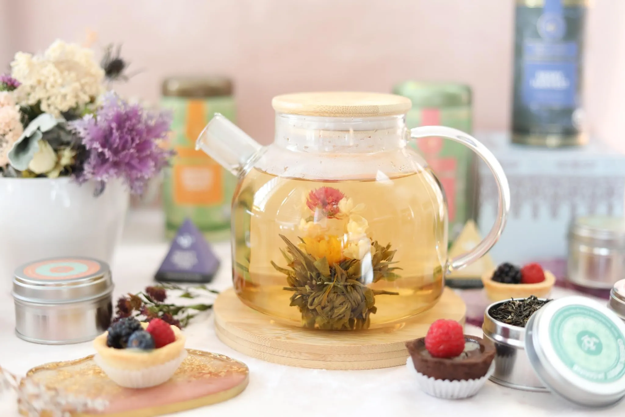 Teabloom Stovetop Safe Glass Teapot with Bamboo Lid (40oz/1200ml)   Loose Leaf Tea Filter Spout   2 Blooming Teas   Large Bamboo Trivet - Natural Flowering Tea Gift Set