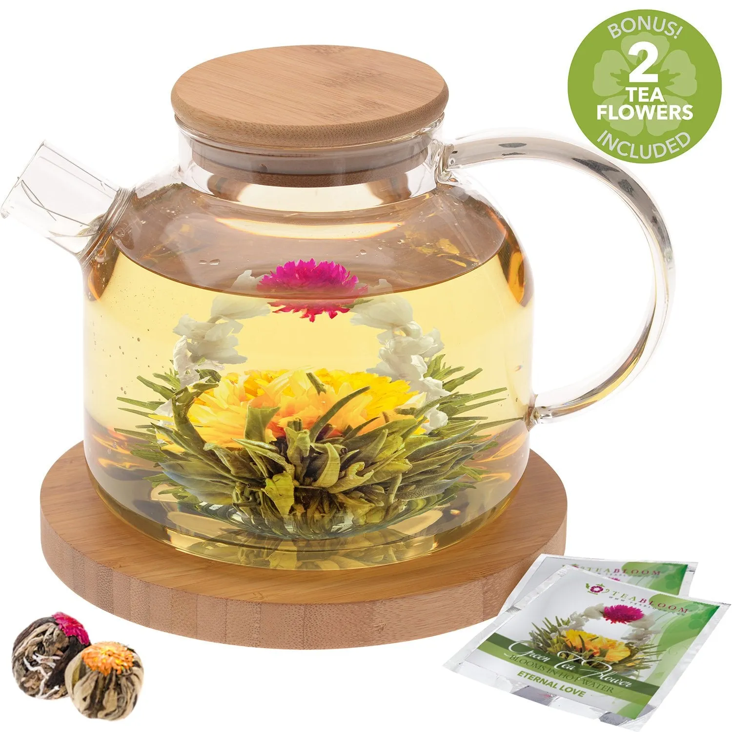 Teabloom Stovetop Safe Glass Teapot with Bamboo Lid (40oz/1200ml)   Loose Leaf Tea Filter Spout   2 Blooming Teas   Large Bamboo Trivet - Natural Flowering Tea Gift Set
