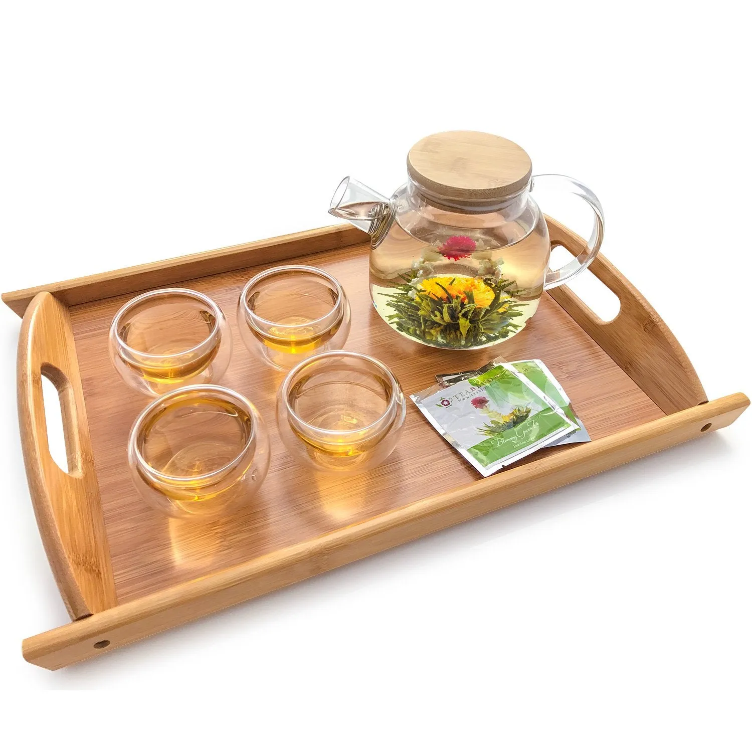 Teabloom Stovetop Safe Glass Teapot with Bamboo Lid (40oz/1200ml)   Loose Leaf Tea Filter Spout   2 Blooming Teas   Large Bamboo Trivet - Natural Flowering Tea Gift Set