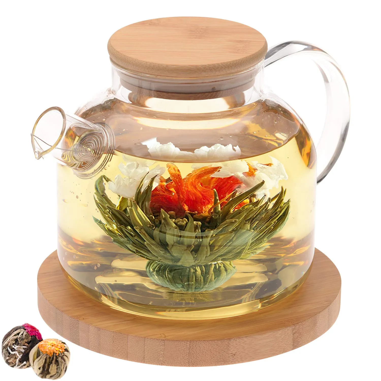 Teabloom Stovetop Safe Glass Teapot with Bamboo Lid (40oz/1200ml)   Loose Leaf Tea Filter Spout   2 Blooming Teas   Large Bamboo Trivet - Natural Flowering Tea Gift Set