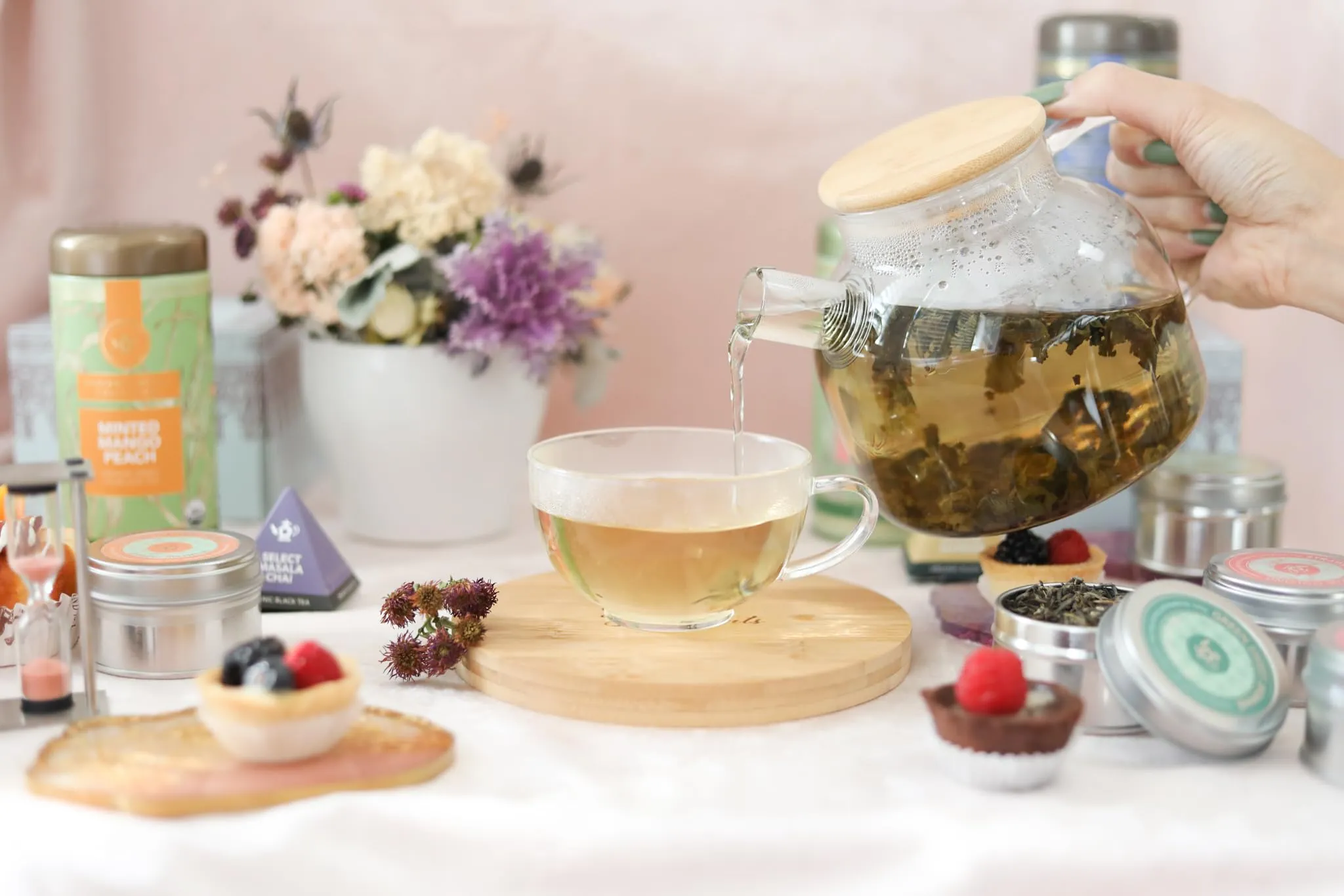 Teabloom Stovetop Safe Glass Teapot with Bamboo Lid (40oz/1200ml)   Loose Leaf Tea Filter Spout   2 Blooming Teas   Large Bamboo Trivet - Natural Flowering Tea Gift Set