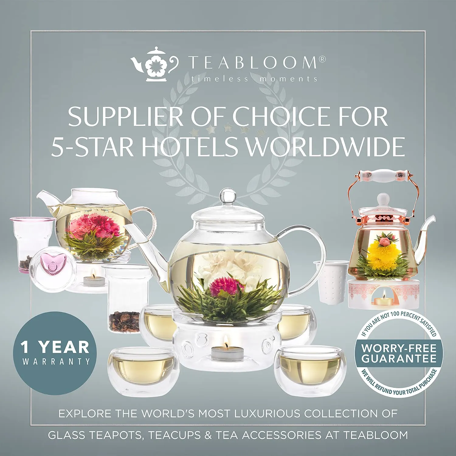 Teabloom Stovetop Safe Glass Teapot with Bamboo Lid (40oz/1200ml)   Loose Leaf Tea Filter Spout   2 Blooming Teas   Large Bamboo Trivet - Natural Flowering Tea Gift Set